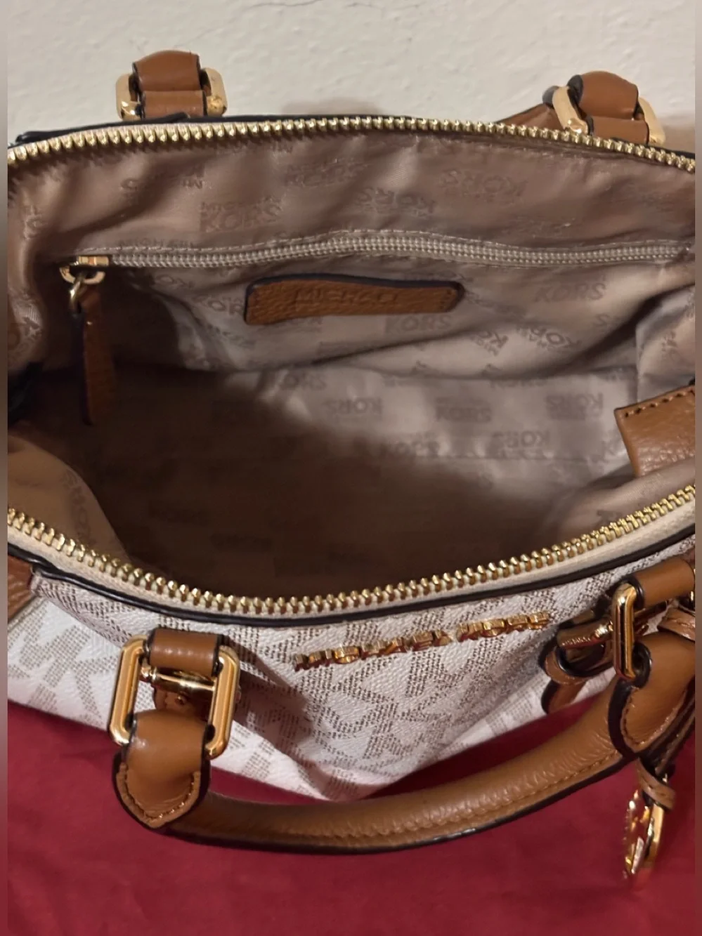 Michael Kors White Logo Canvas Satchel with Brown Leather Trim